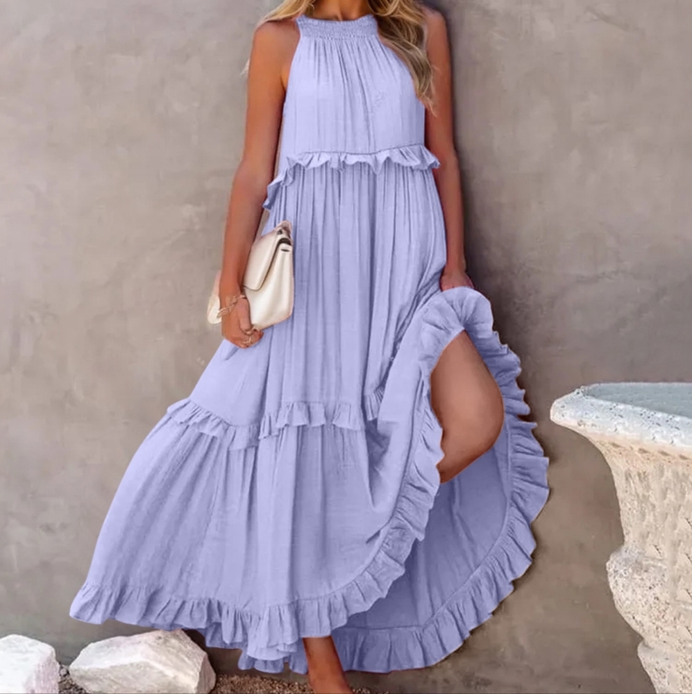 Lilac Ruffled Sleeveless Tiered Maxi Dress with Pockets - Picture 5 of 13